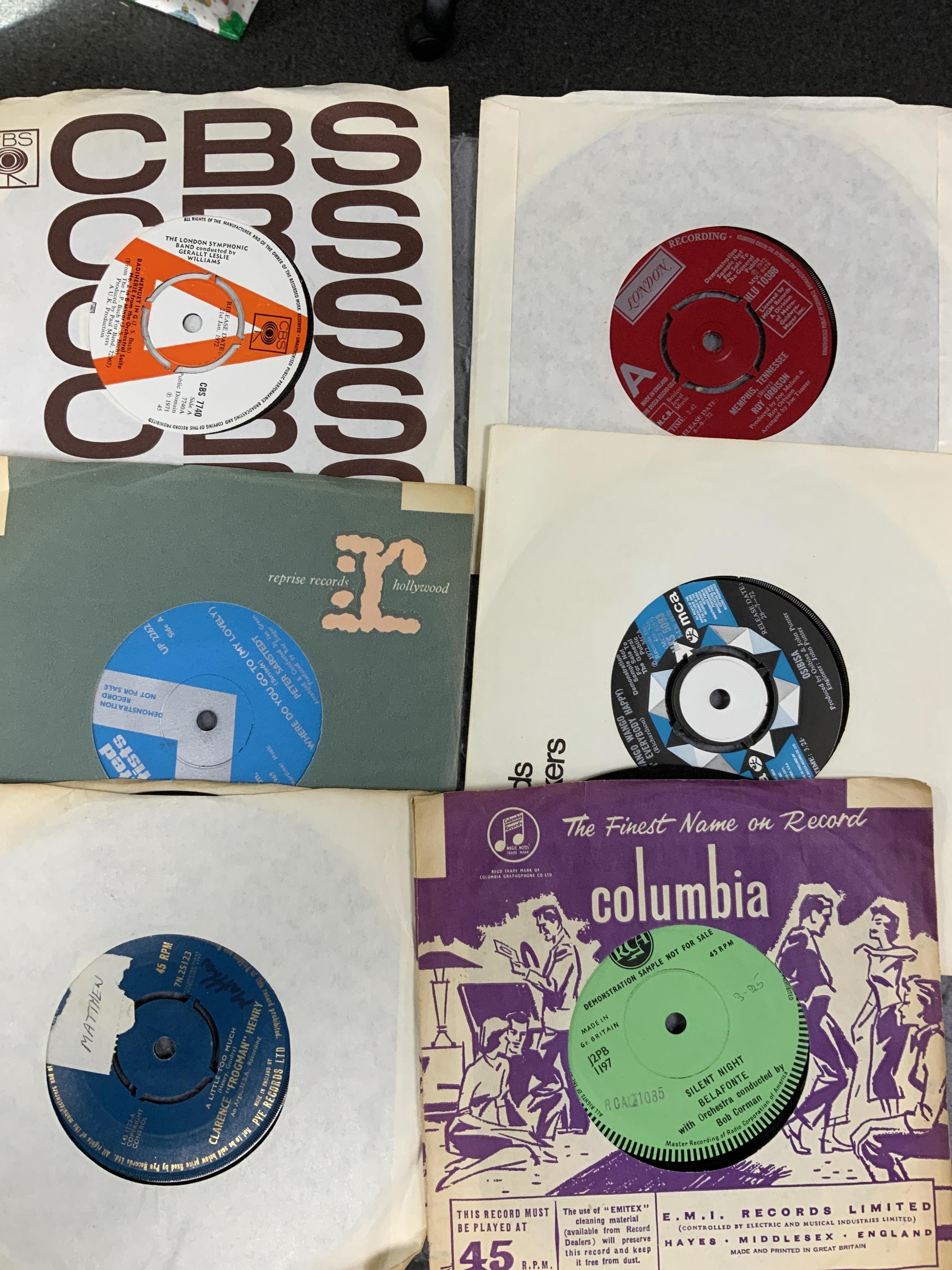 Eighty 7” singles, all with printed demo labels (some also with printed release date), record labels include; United Artists, CBS, Columbia, Parlophone, Pye, Atlantic, RCA, Decca, MGM, EMI, etc. Artists include; Mike Cli